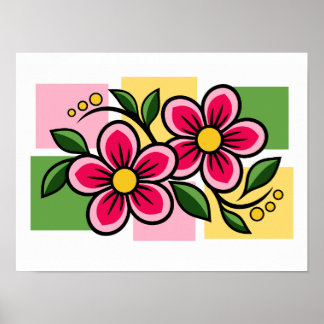 Pink Floral Design with Green Leaves Poster