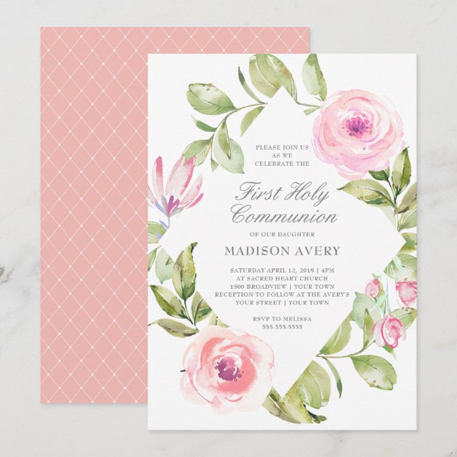 Pink Floral Diamond First Holy Communion Invitation (Front/Back)