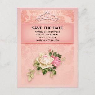 Pink floral & Diamond Tiara Princess Wedding Invitation Postcard