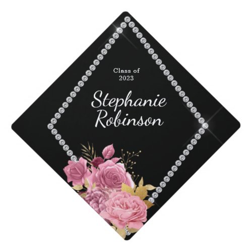 Pink Floral Diamonds Name Year  Graduation Cap Topper