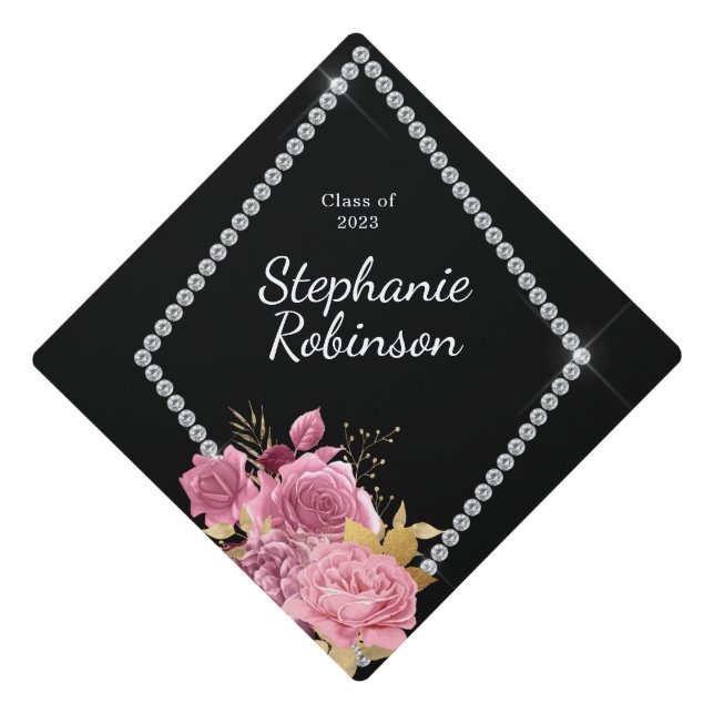 Pink Floral Diamonds Name Year  Graduation Cap Topper (Front)