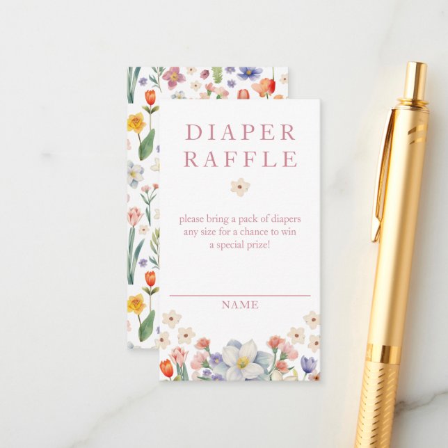 Pink Floral Diaper Raffle Card Spring Baby Shower (Front/Back In Situ)
