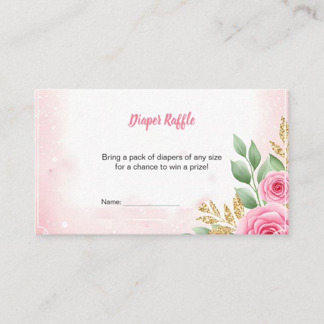 Pink Floral Diaper Raffle Ticket with Elegant Rose Enclosure Card (Front)