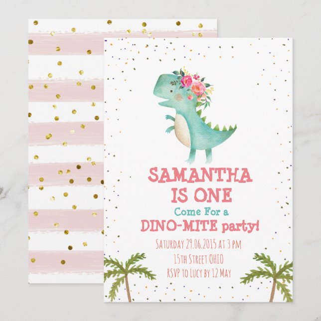 Pink Floral Dino First Birthday Party Invite (Front/Back)