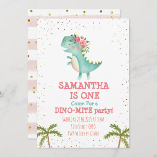 Pink Floral Dino First Birthday Party Invite