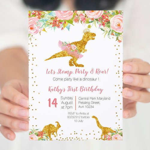 Pink Floral Dino Trex Birthday Invitation