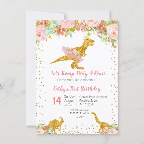 Pink Floral Dino Trex Birthday Invitation