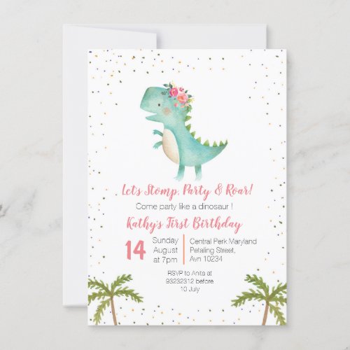 Pink Floral Dinosaur Birthday  Girl Invitation