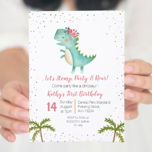 Pink Floral Dinosaur Birthday Girl Invitation