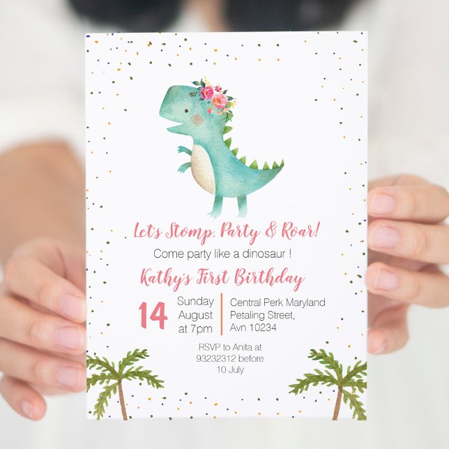 Pink Floral Dinosaur Birthday  Girl Invitation (Creator Uploaded)