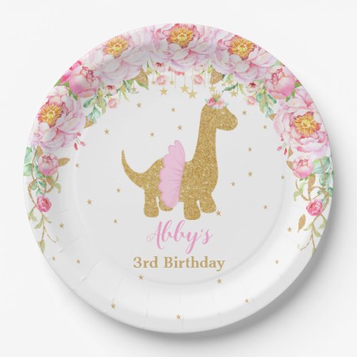 Pink Floral Dinosaur Birthday Party Brachiosaurus Paper Plates