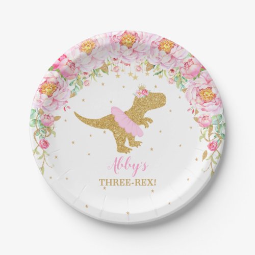 Pink Floral Dinosaur Birthday Party T_Rex 7 Paper Plates
