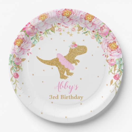 Pink Floral Dinosaur Birthday Party T_Rex 9 Paper Plates