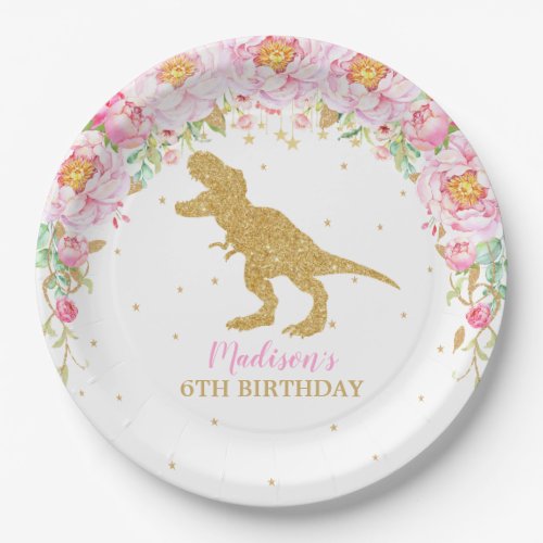 Pink Floral Dinosaur Birthday Party T_Rex Paper Plates
