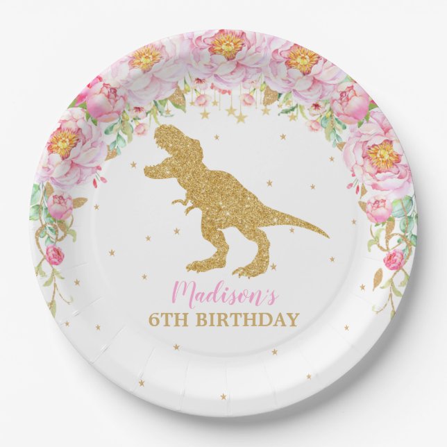 Pink Floral Dinosaur Birthday Party T-Rex Paper Plates (Front)