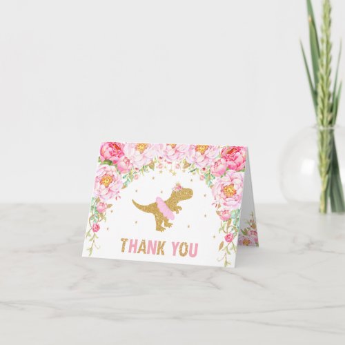 Pink Floral Dinosaur Birthday Party Thank You Card