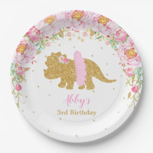 Pink Floral Dinosaur Birthday Party Triceratops Paper Plates