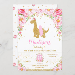 Pink Floral Dinosaur Brachiosaurus Birthday Girl Invitation