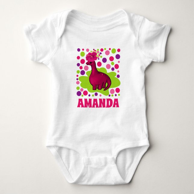 Pink Floral Dinosaur Personalized Baby Bodysuit (Front)