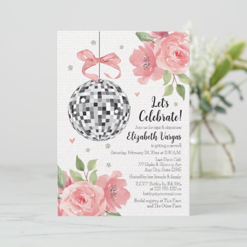 Pink Floral Disco Themed Bridal Shower Invitation 