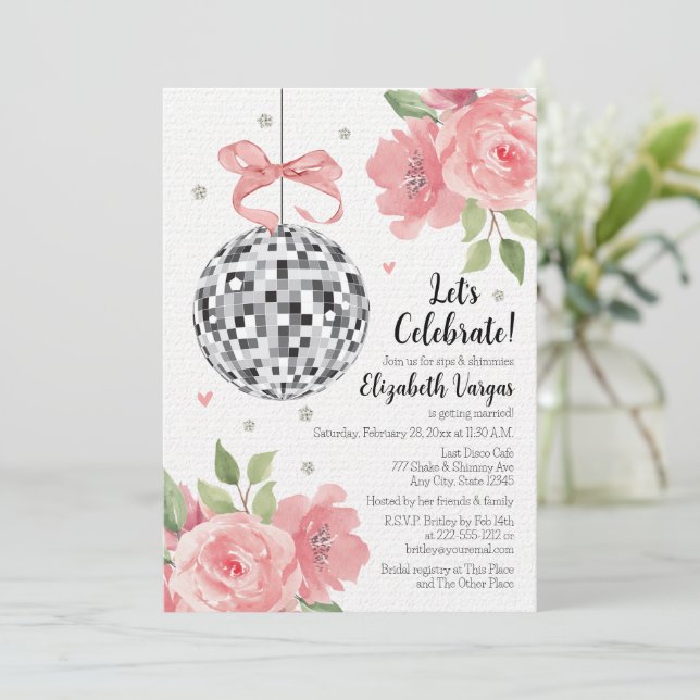 Pink Floral Disco Themed Bridal Shower Invitation  (Standing Front)