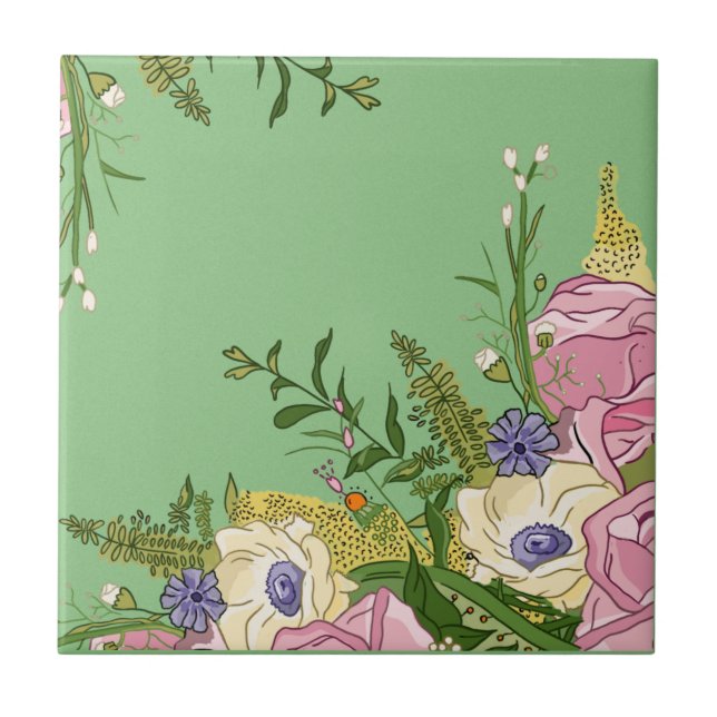 Pink Floral Doodle illustration on   Ceramic Tile (Front)