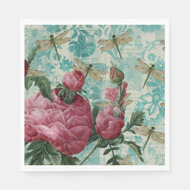 Pink Floral Dragonfly Ephemera Napkins (Front)