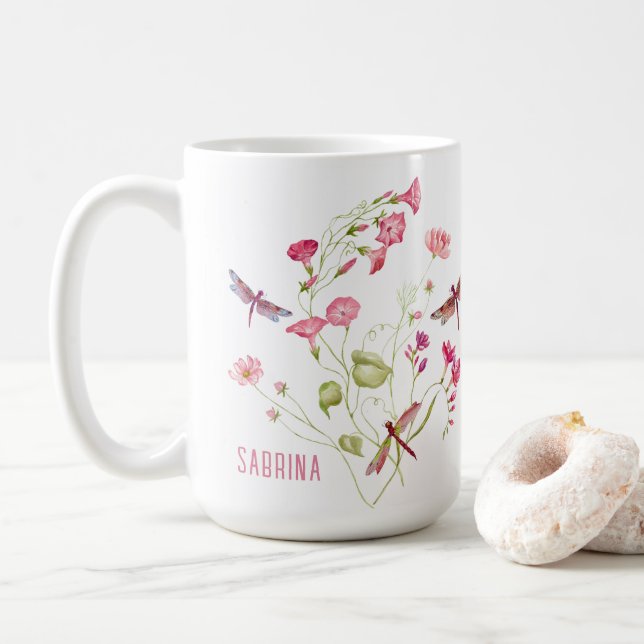 Pink Floral Dragonfly Personalized Mug (With Donut)