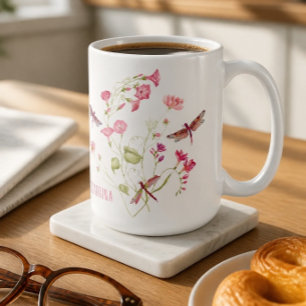 Pink Floral Dragonfly Personalized Mug
