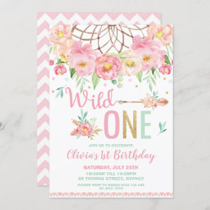 Pink Floral Dream Catcher Wild One 1st Birthday Invitation