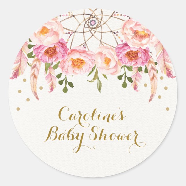 Pink Floral Dreamcatcher Shower Thank You Favors Classic Round Sticker (Front)
