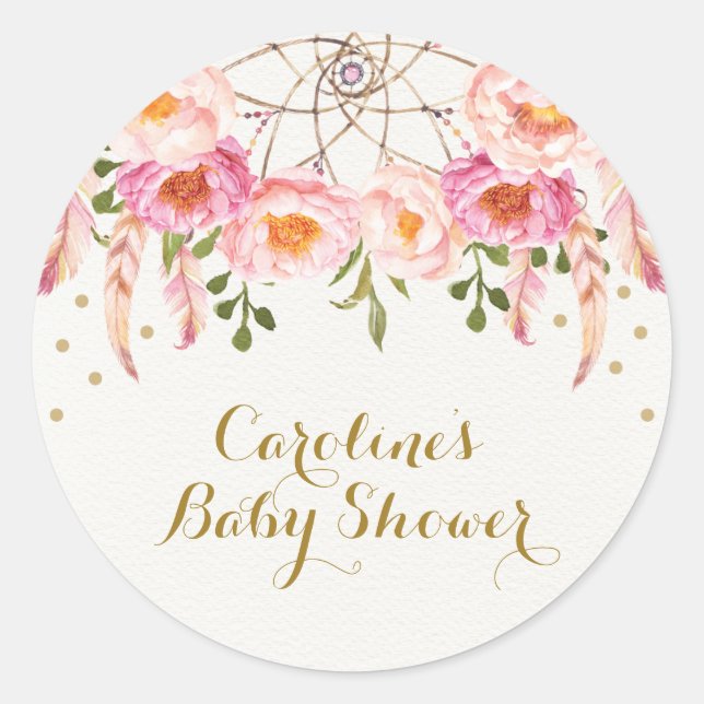 Pink Floral Dreamcatcher Shower Thank You Favors Classic Round Sticker (Front)