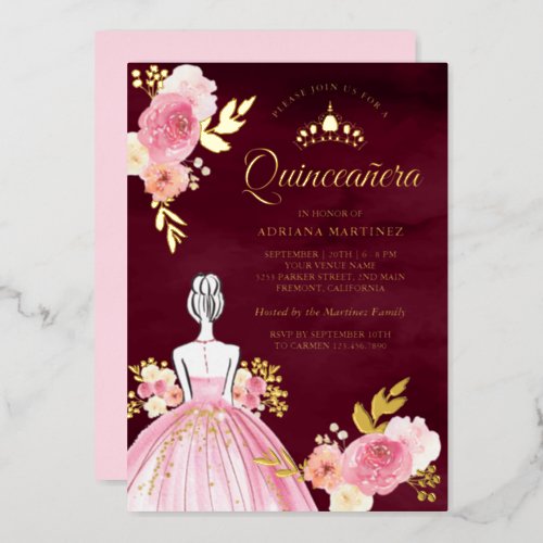 Pink Floral Dress Burgundy Quinceanera Gold Foil Invitation