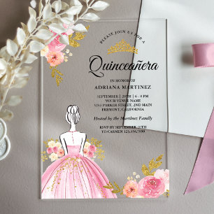 Pink Floral Dress Princess Gold Quinceanera Acrylic Invitations