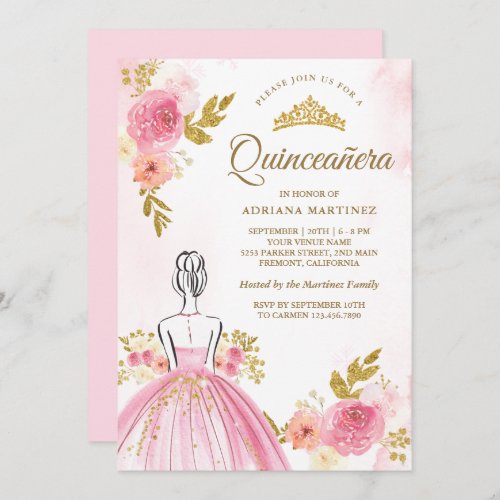 Pink Floral Dress Princess Gold Quinceanera Invitation