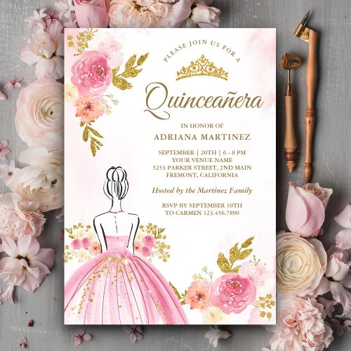 Pink Floral Dress Princess Gold Quinceanera Invitation