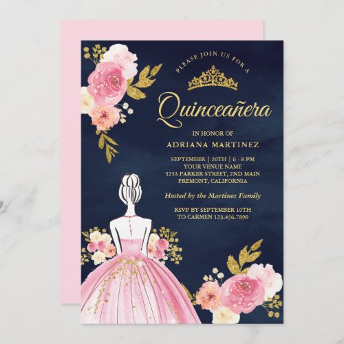 Pink Floral Dress Princess Navy Blue Quinceanera Invitation