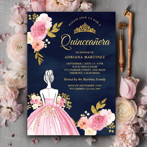 Pink Floral Dress Princess Navy Blue Quinceanera Invitation