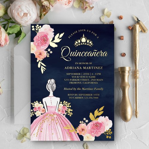 Pink Floral Dress Princess Navy Quinceanera Gold Foil Invitation