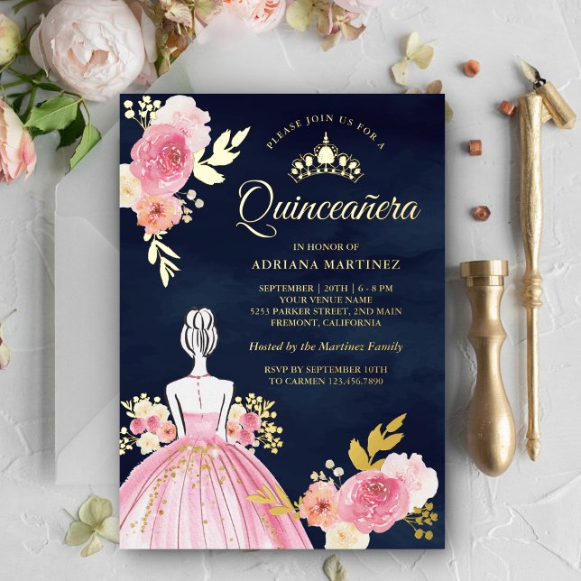 Pink Floral Dress Princess Navy Quinceanera Gold Foil Invitation (Creator Uploaded)