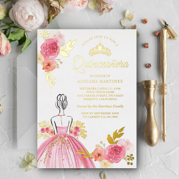 Pink Floral Dress Princess Quinceanera Gold Foil Invitation by ShabzDesigns at Zazzle