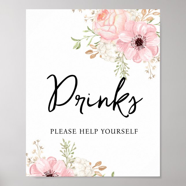 Pink Floral Drinks Baby Shower Poster (Front)