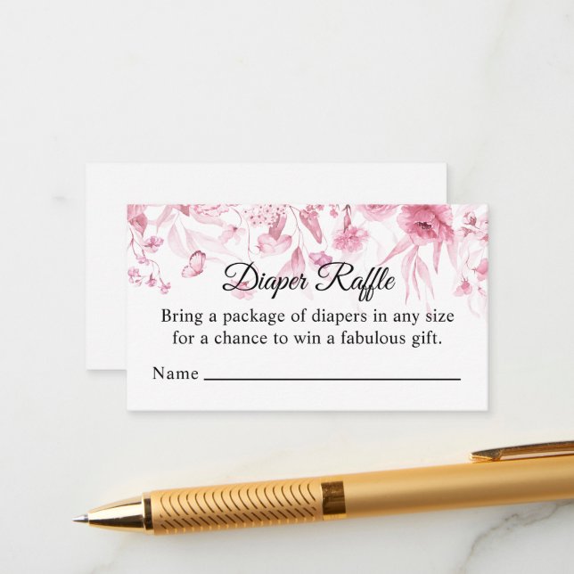 Pink Floral Drop, Diaper Raffle, Girl Baby Shower Enclosure Card (Front/Back In Situ)