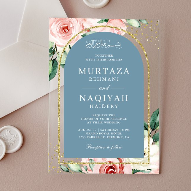 Pink Floral Dusty Blue Arch Muslim Wedding Acrylic Invitations (Creator Uploaded)