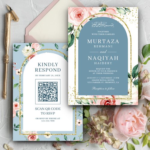 Pink Floral Dusty Blue Arch QR Code Muslim Wedding Invitation