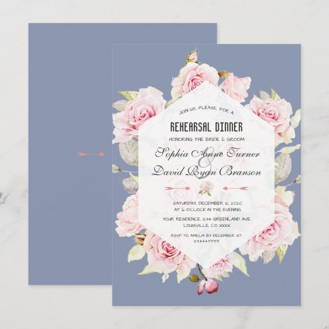 Pink Floral Dusty Blue Geometric Rehearsal Dinner Invitation (Front/Back)
