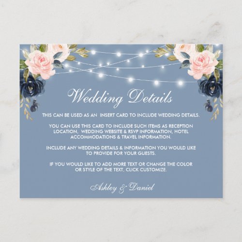 Pink Floral Dusty Blue Lights Wedding Details Card