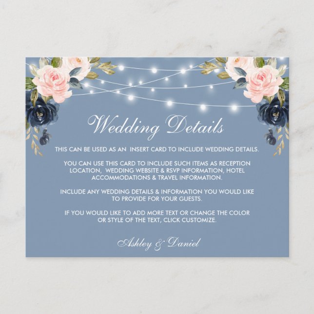 Pink Floral Dusty Blue Lights Wedding Details Card (Front)
