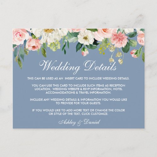 Pink Floral Dusty Blue Wedding Details Insert Card