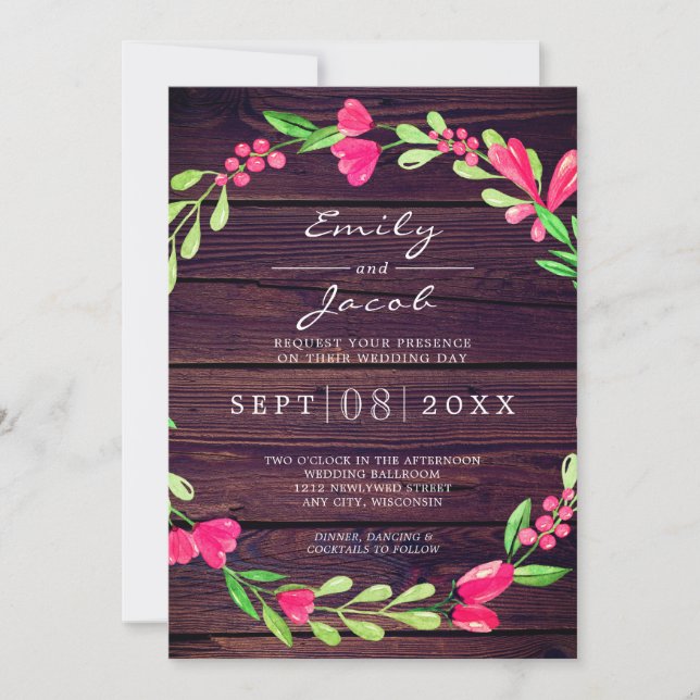 Pink Floral Dusty Purple Rustic Wood Country Wed Announcement (Front)